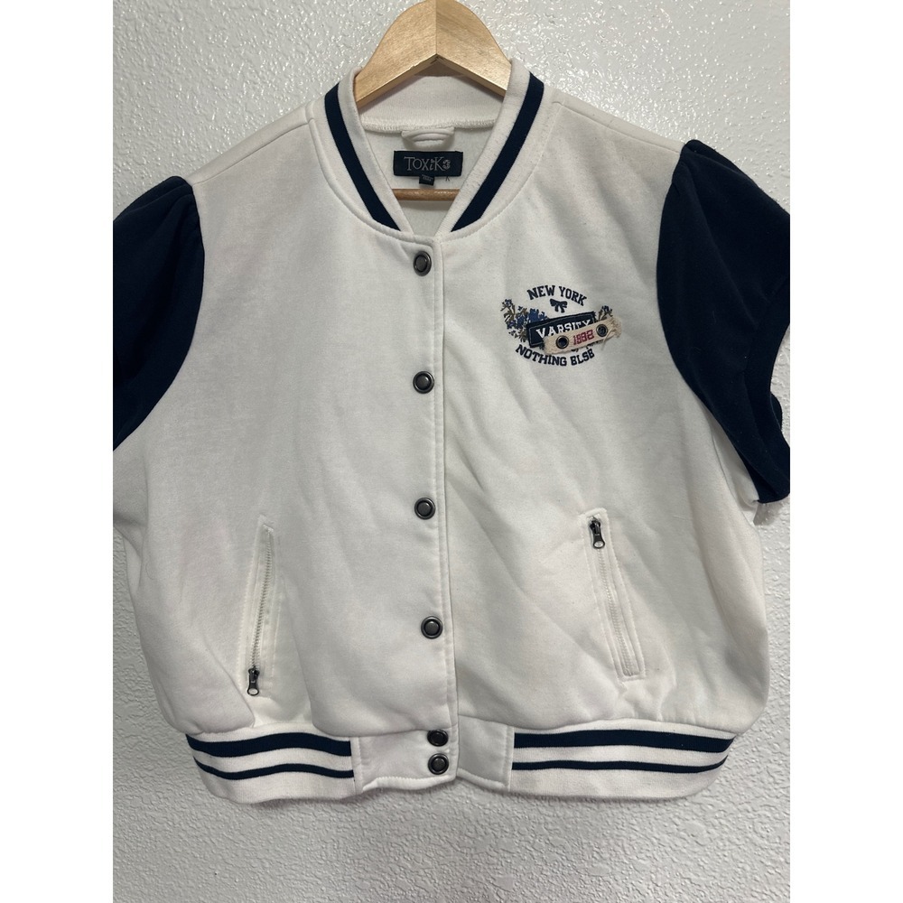 VTG TOXIK3 White Varsity Jacket 3X New York 1992 Embroidered Short Sleeve Bomber